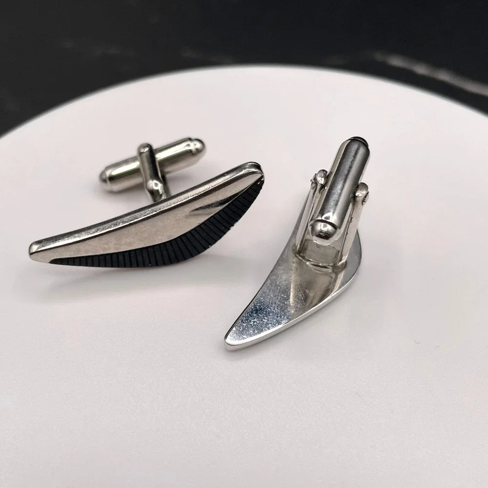 Vintage Modernist Silver-Tone Crescent Men's Cufflinks with‎ Black Accents